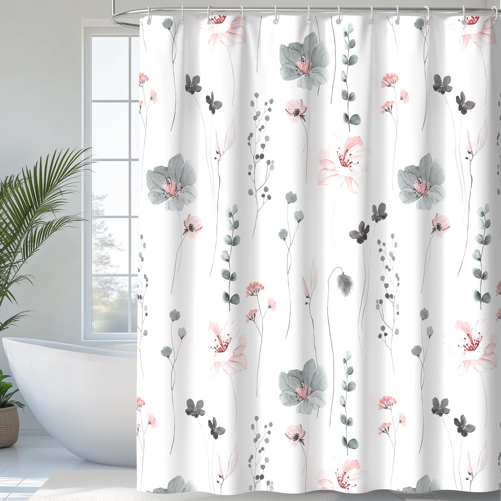 Photo 1 of QIYI Watercolor Floral Shower Curtain, Flowers Print Minimalist Bathroom Curtain, Machine Washable Spring Modern Shower Curtain, Waterproof Fabric Shower Curtain Set with Hooks, 72 x 78, Charcoal Grey