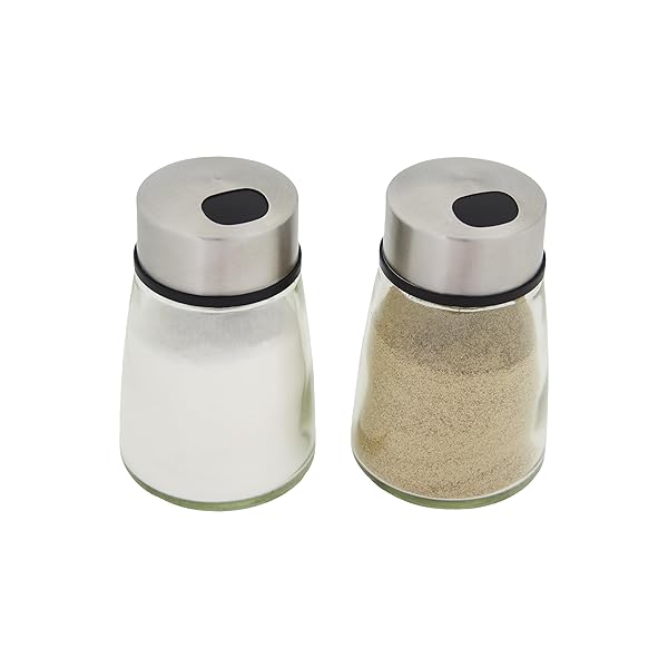 KAMENSTEIN SALT AND PEPPER FILLED GLASS SHAKERS WITH ROTATING SHIFTERS. FEATURES SWIVEL TOP WITH 4 SETTINGS- LIGHT SEASONING, HEAVY SEASONING, POUR, CLOSE, SET OF 2
