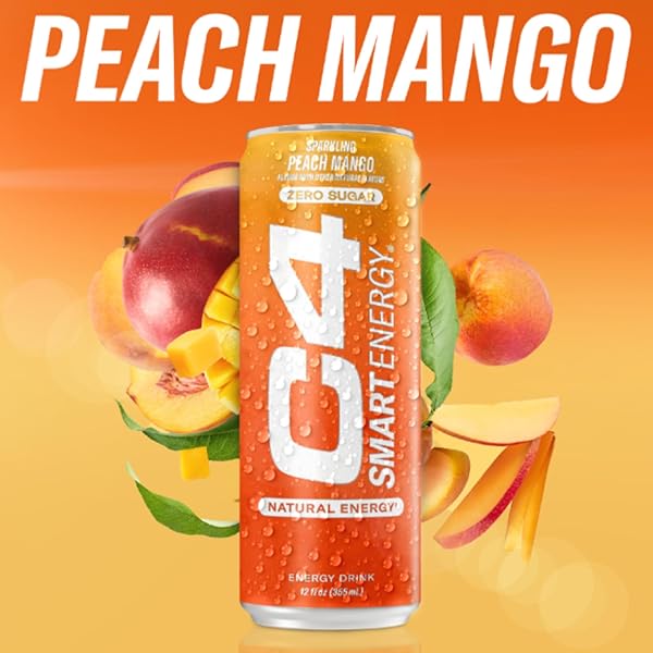 CELLUCOR C4 SMART ENERGY DRINK ‚ BOOST FOCUS AND ENERGY WITH ZERO SUGAR, NATURAL ENERGY, AND NOOTROPICS – 200MG CAFFEINE – PEACH MANGO (12OZ PACK OF 12)