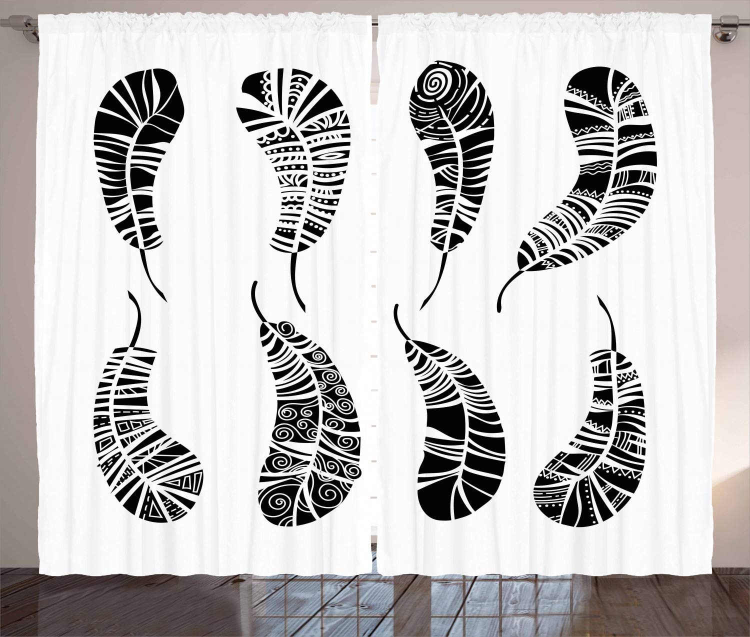 ABAKUHAUS Feather Curtains, Bohemian Style Composition of Feathers Monochrome Arrangement of Motifs, Living Room Bedroom Window Drapes 2 Panel Set, 69 L X 110 W, Black White
