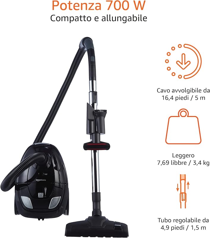 Aspirapolvere con sacchetto, potente, compatto e leggero, per pavimenti duri e moquette, filtro HEPA, 700 W, 1,5 l, EU, nero
