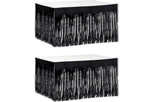 LABZHANG 2 Pack 29.5x168 Inch Metallic Foil Fringe Tinsel Table Skirts Disposable Table Skirt for Parade Floats, Mardi Gras Party, Wedding, Birthday Party(Black)