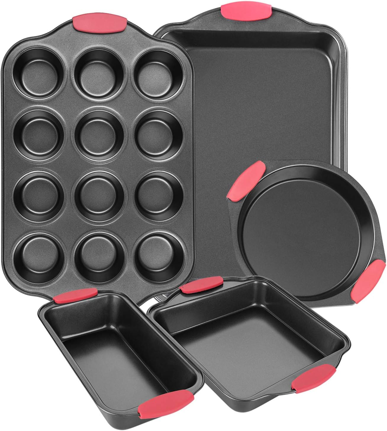 Bakeware Sets, Nonstick Baking sets with Grips includes Bread Pan, Cookie Sheet, Square Baking Pan, Round Cake Pan and Muffin Pan for Toaster Oven 5 Pcs, Grey
