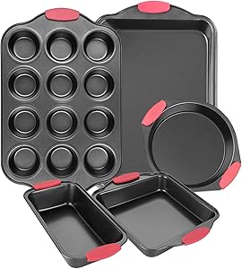 Bakeware Sets, Nonstick Baking sets with Grips includes Bread Pan, Cookie Sheet, Square Baking Pan, Round Cake Pan and Muffin Pan for Toaster Oven 5 Pcs, Grey
