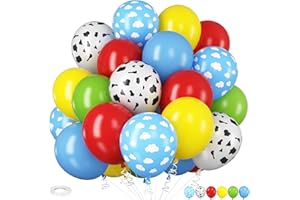 HILAVO Toy Inspired Story Balloons, 12 Inch Cow Print Sky Blue Cloud Balloons Red Blue Yellow Green Balloons for Kids Boys Birthday Party Farm Themed Party Decorations