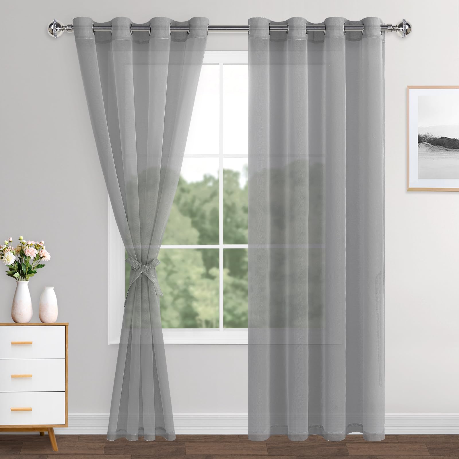 XWZO Linen Look Voile Curtains Gray,Grommet Top Semi Transparent Eyelet Sheer Drapes for Living Room,Kids Room,W55*L88,2 Panels