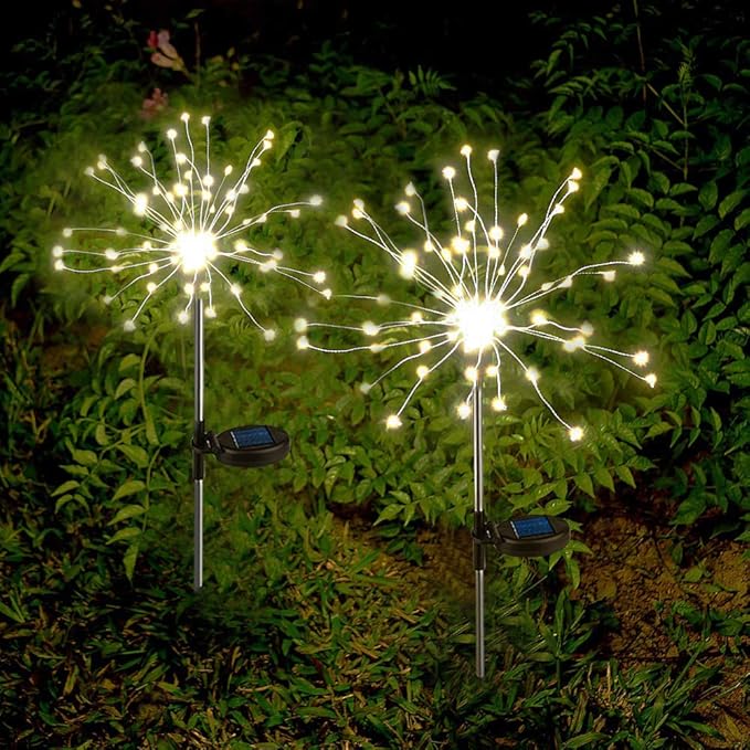 Solar Garden Lights Outdoor, 2 x Solar Firework Lights Warm White LED
