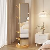 OCKYOOZ Full Length Mirror with Coat Rack, Wood Rotatable Coat Hanger Freestanding, Coat Tree with Shelf, Clothes Hanger Rack