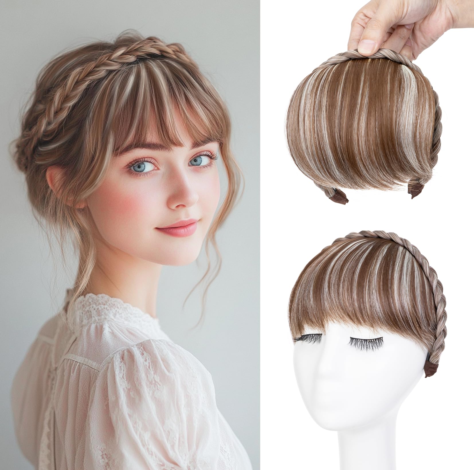 S-noilite Headband with Bangs, Front Hair Bangs Wigs, Synthetic Braided Headband Wig with Fringe Hair Extensions Hairpiece for Women - Light Brown mix Blonde Blonde — image 1