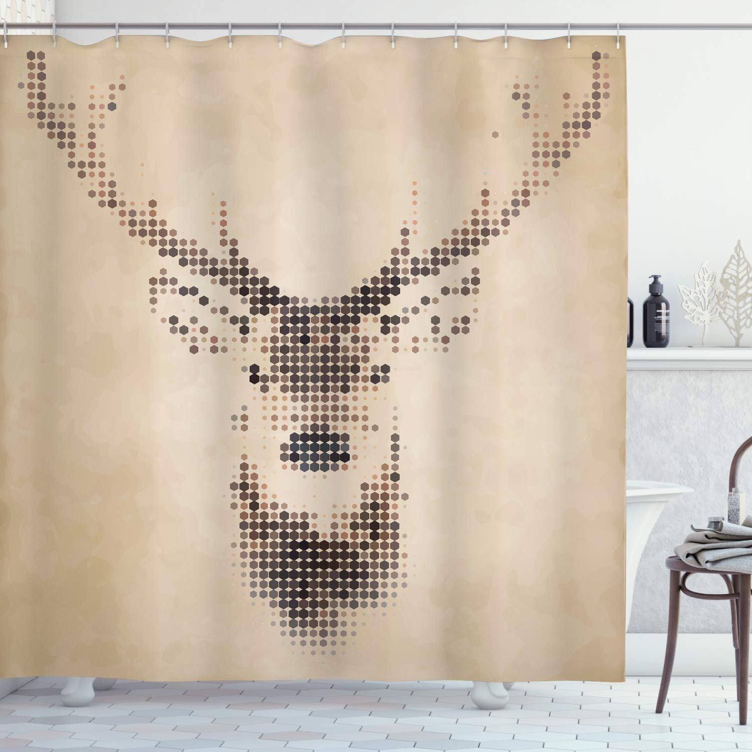 Ambesonne Deer Shower Curtain, Retro Style Deer Portrait with Digital Dots and Geometric Circle Vintage Graphic, Cloth Fabric Bathroom Decor Set with Hooks, 75