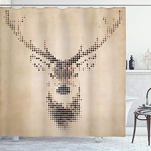 Ambesonne Deer Shower Curtain, Retro Style Deer Portrait with Digital Dots and Geometric Circle Vintage Graphic, Cloth Fabric Bathroom Decor Set with Hooks, 75