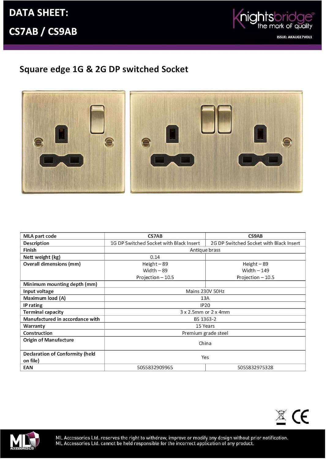 Knightsbridge CS9AB Square Edge Antique Brass 13A 2G Switched Socket with Insert, 230 V, Gold, Socket - Double - Image 5