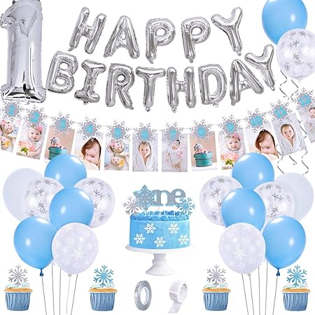 Amazon 1歳誕生日 飾り付け 男の子 お誕生日おめでとう銀文字風船ベビー青フレームバナー1月から12月までの スノーフレークラテックス紙吹雪バルーンとdiyケーキトッパー 赤ちゃん風呂パーティー装飾 風船 バルーン おもちゃ