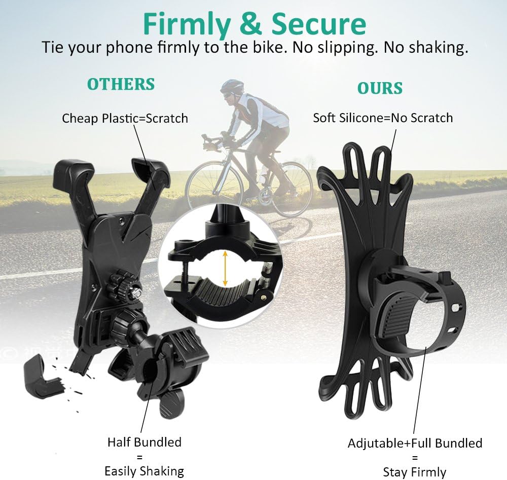 Bovon Bike Phone Mount, 360¡ãRotation Silicone Bicycle Phone Holder, Universal Motorcycle Handlebar Mount Compatible with iPhone Se/11 Pro Max/XR/XS Max/8/7/ 6/6s Plus, Galaxy S20/S9, 4.0"-6.5" Phones