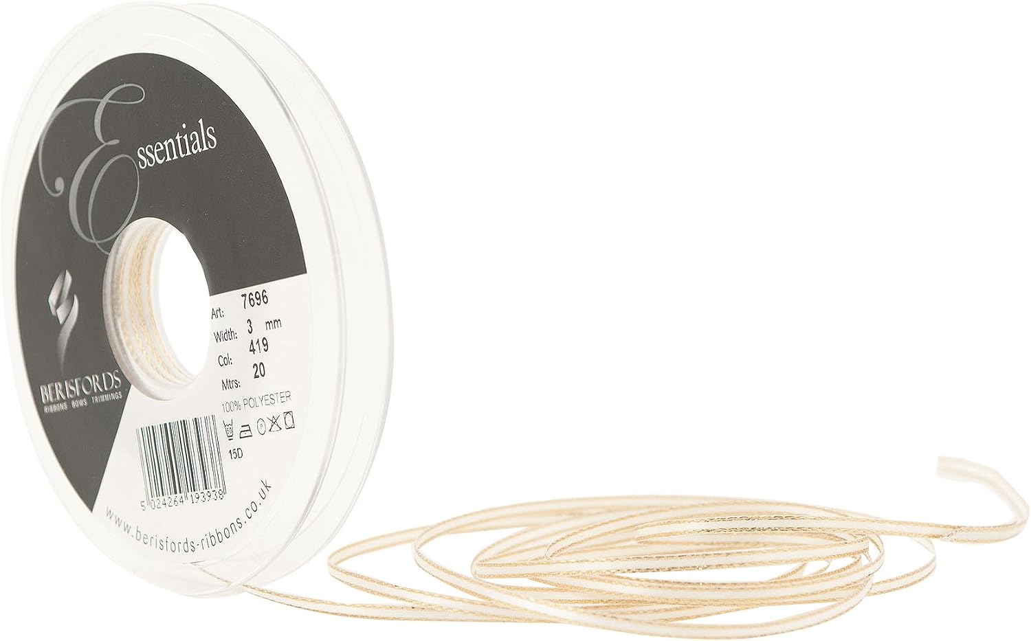 Berisfords 3 mm Polyester Yarn Gold Edge Satin Ribbon, Bridal White