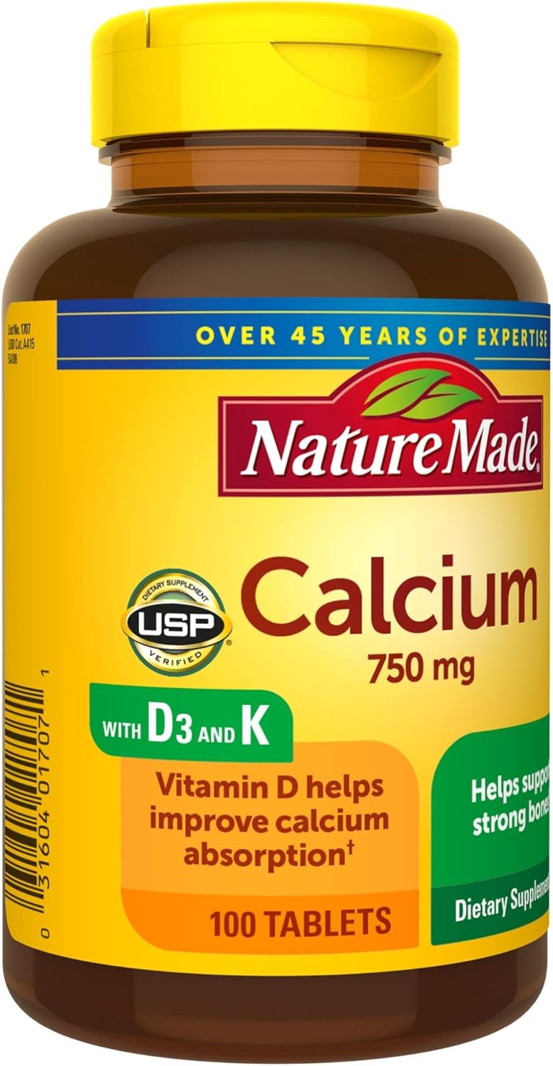Nature Made Calcium 750 mg Tablets w. Vitamin D and K, 100 Ct for Bone Health† (Packaging May Vary): Health & Personal Care