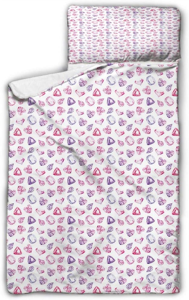 Diamonds Children&rsquo;s Sleeping Bag Crystals of Many Colors Pear Oval and Heart Shaped Illustration Watercolor Pink Violet Red for Preschool, Daycare, Kindergarten 50X20 INCH