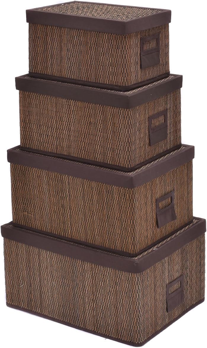 Bamboo Storage Baskets Folding Nesting Rectangular Organizer w/Lids New Brown Set of 4