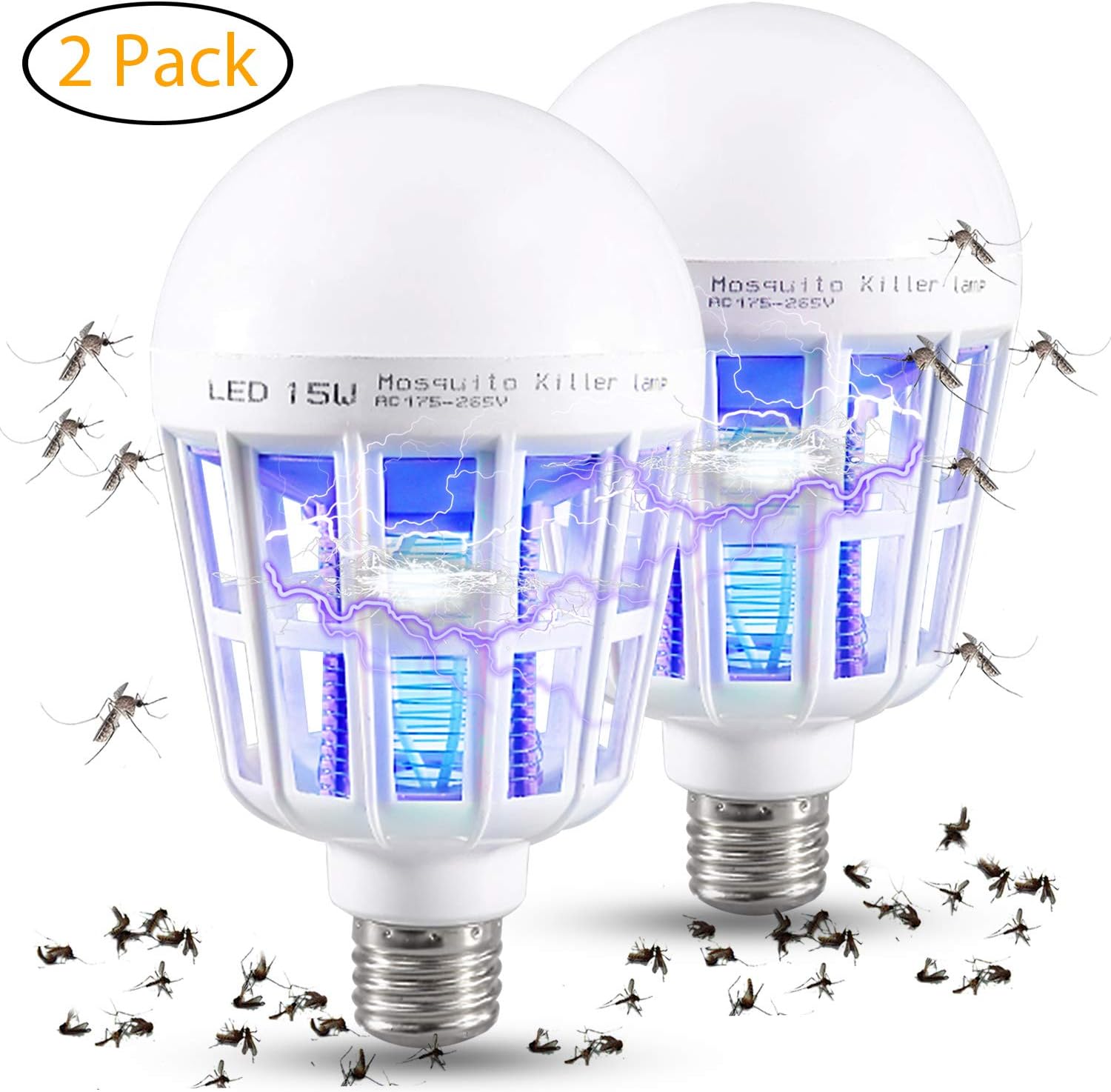 Wellgoo 2 Pack Bug Zapper Light Bulbs, 2-in-1 Mosquito Killer Lamp, Electronic Insect & Fly Killer, Suit for Indoor Outdoor Porch Patio Backyard