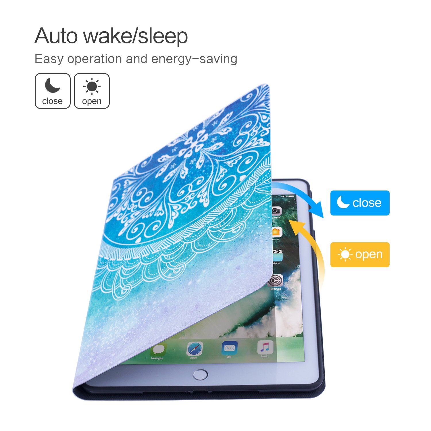 Dopup iPad 9.7 Case 2018/2017 iPad Case, Premium Leather Folio Case Cover for Apple iPad 9.7 inch, Multiple Viewing Angles Stand, Also Fits iPad Air 2/ iPad Air (Blue Mandara)