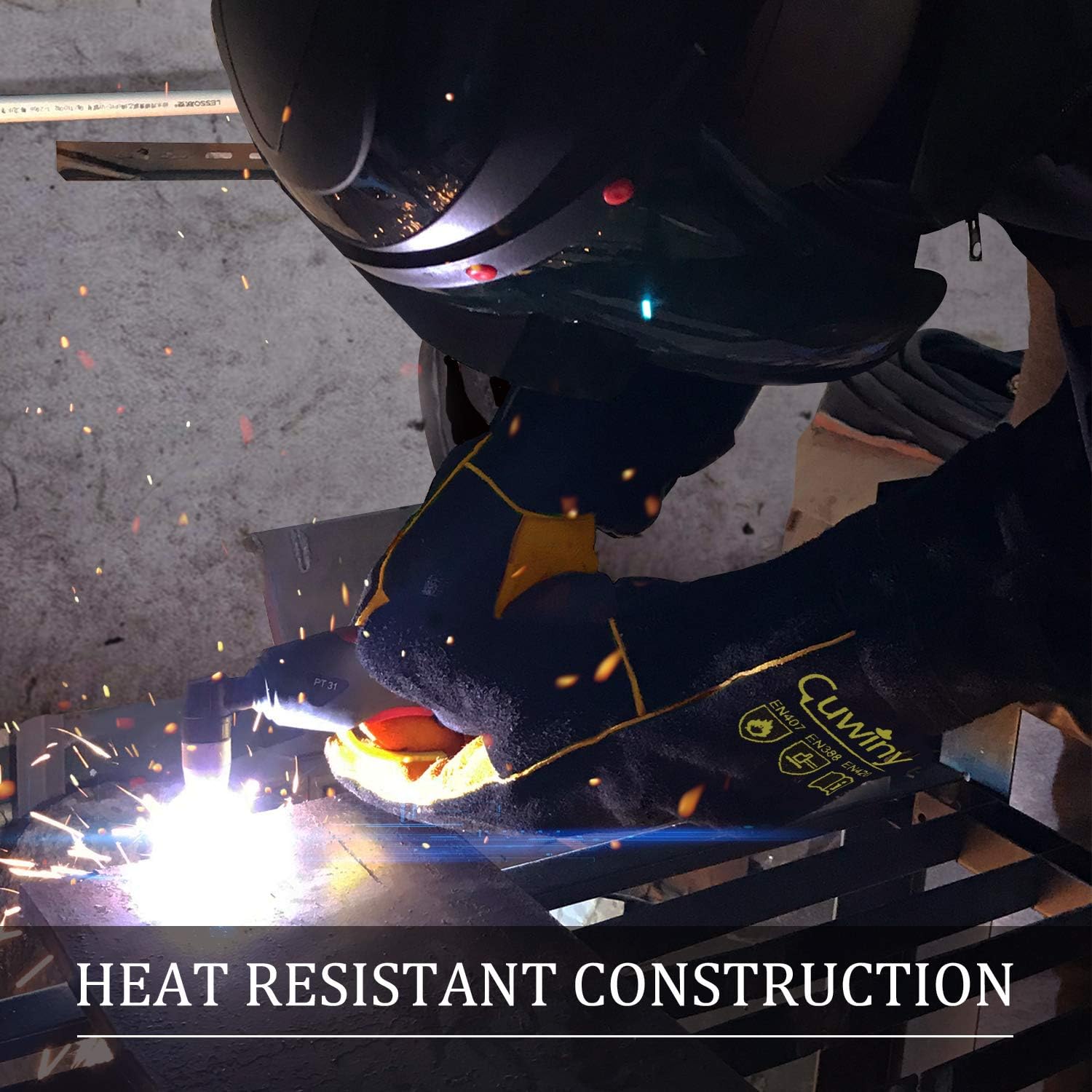 Welding Gloves, Cuwiny 1112°F Heat/Fire Resistant/Leather Forge Gloves, with Kevlar Stitching String, 16 inches Extra Long Sleeve and Fireproof Hook and Loop Tape,fit for Mig/Tig: Clothing