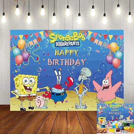 Amazon 7 5フィート アニメ スポンジボブ テーマ 写真背景 子供1歳のお誕生日パーティーデコレーション バナー ブルー 海底 写真背景 ビニール製 ベビーシャワーブーススタジオ小道具 Qhy バックペーパー 背景布