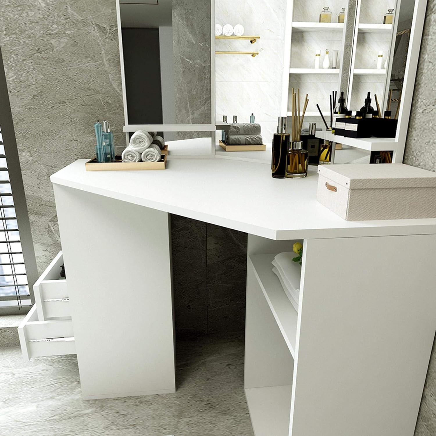Gofuly Corner Design Vanity Set Dressing Table Bedroom Storage Cabinet Makeup Table With 4 Drawers Bathroom Vanity For Corner Small Space White Bath Home Kitchen Masterarchivesma