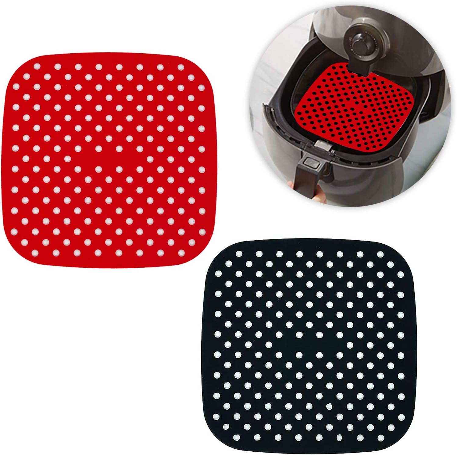 Reusable Air Fryer Liners Silicone Basket Mat Replacement for Parchment Paper Air Fryer Accessories for Cosori, Instant, NuWave, Philips, and More Food Safe (2-Pack Square 7.5 inch)