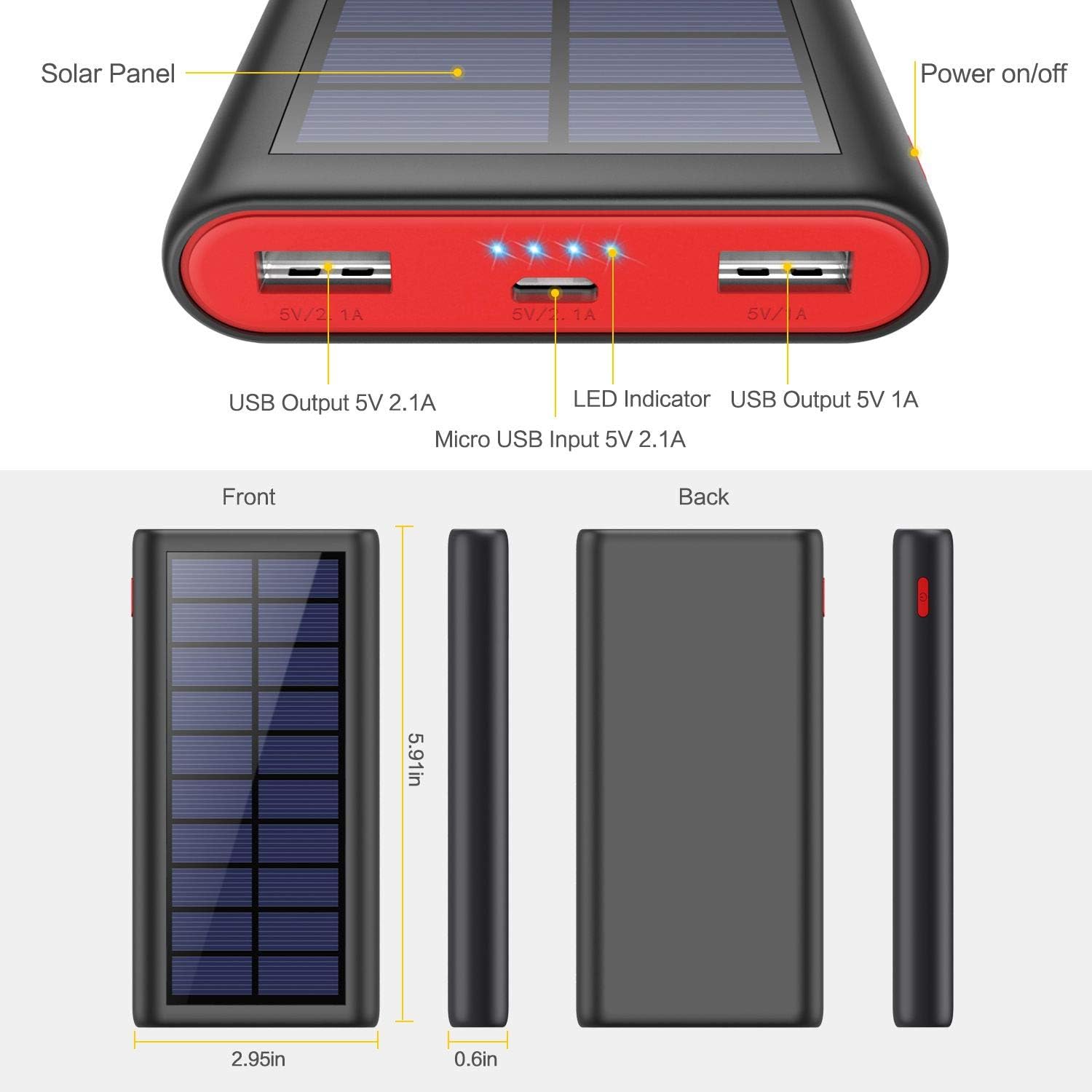 Solar Charger 26800mAh,Kilponen Outdoor Power Bank,Camping High Capacity External Backup Battery Pack with 4 LED Lights,Dual USB Ports Charging for Cellphones Tablets,iPad,GoPro Camera,GPS and More