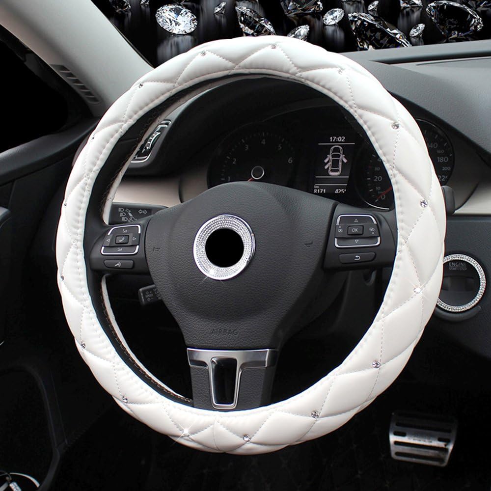 Universal Car Steering Wheel Cover Steering Wheel Cover Diamonds PU Leather 37-39CM/15 Anti Slip Protector Steering Wheel Protector for Women & Girls - White