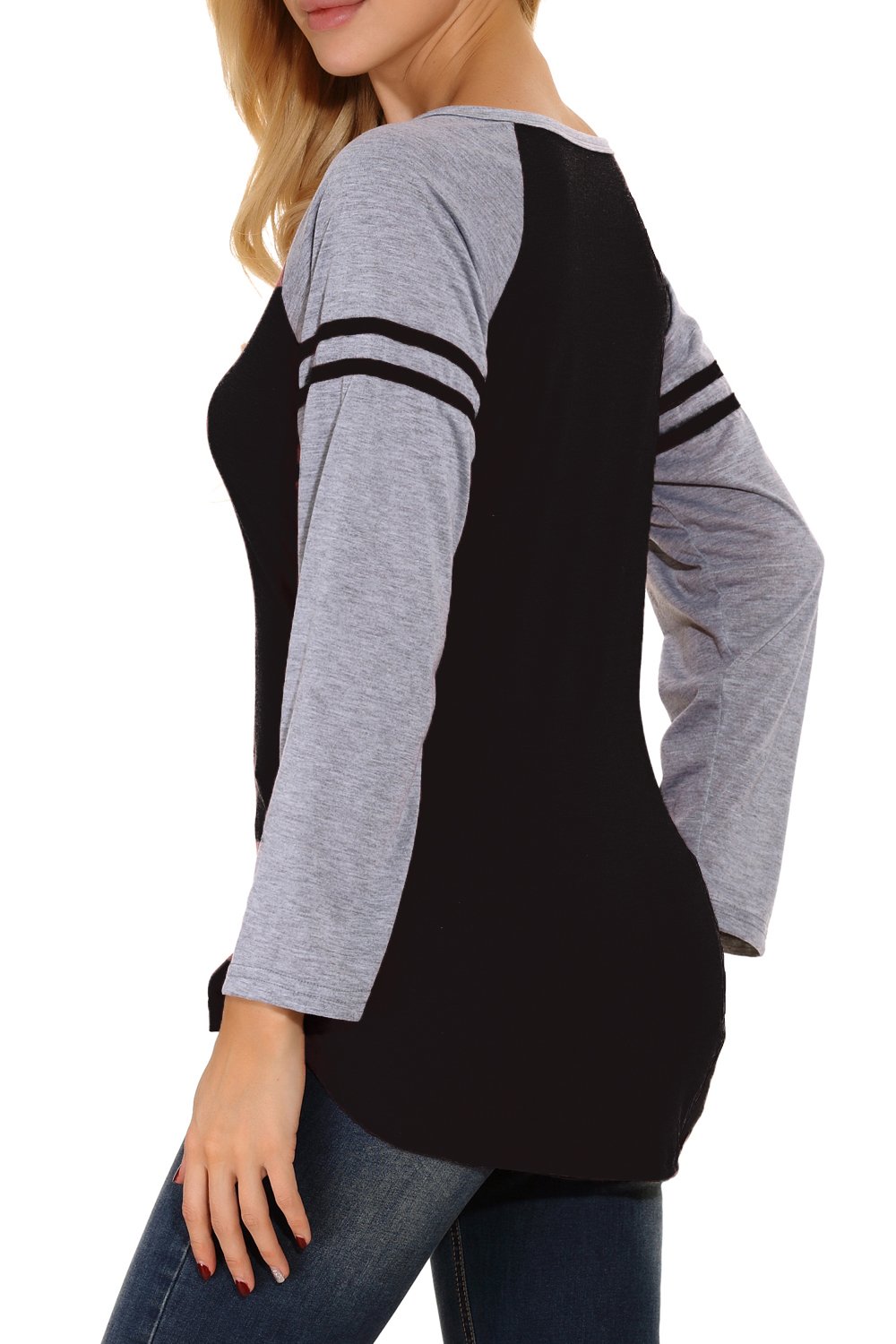Chvity Womens Raglan Sleeve Striped Tee V Neck Baseball Fall Shirts Top (Black, Medium)