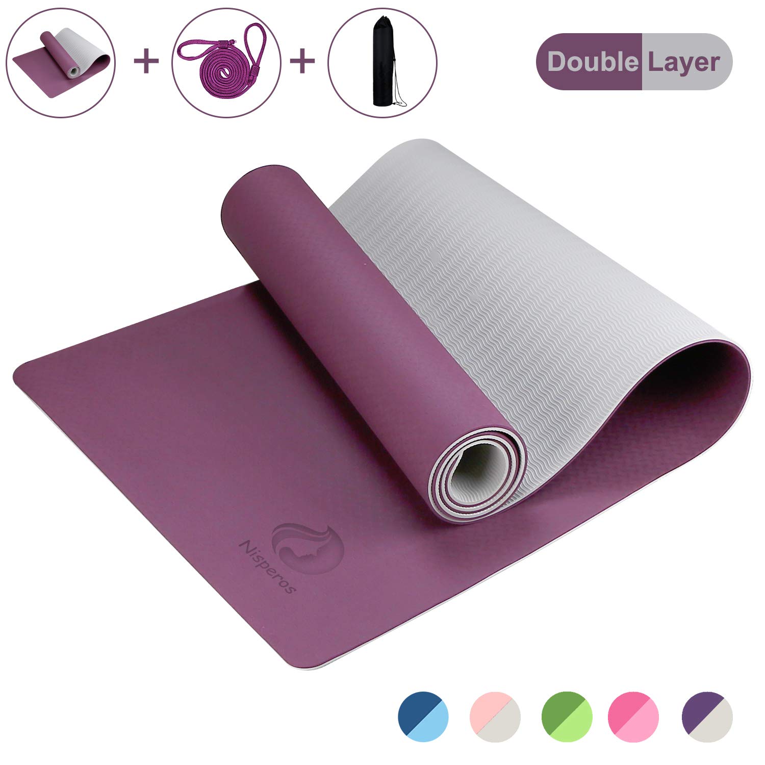 Nisperos Yoga Mat,Double Layer TPE Exercise Mat Non Slip,Professional Waterproof Fitness Mat with Carring Bag&Strap,Gymnastics Mat：183 x 61 x 0.6CM