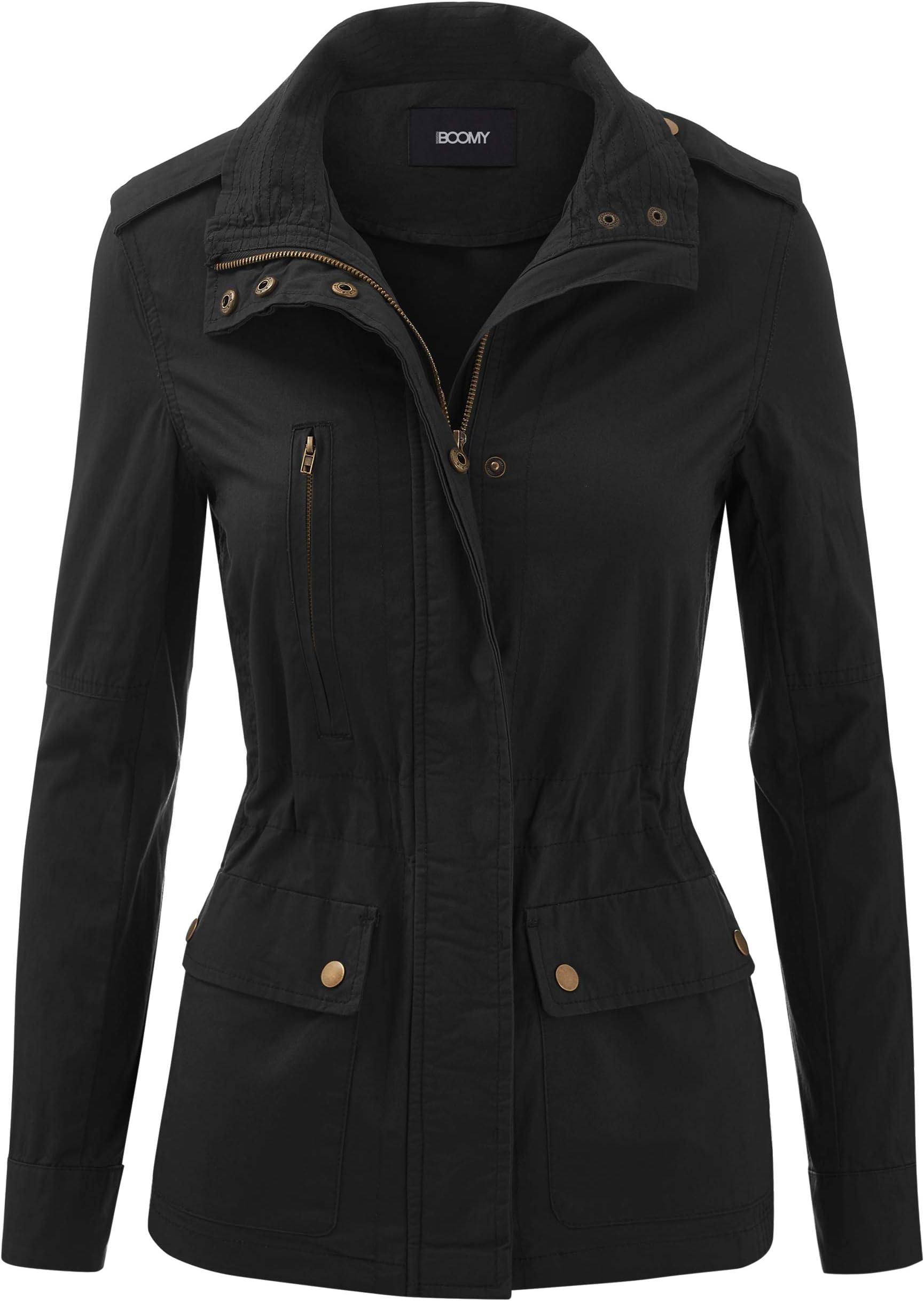 FASHION BOOMY Women's Zip Up Safari Military Anorak Jacket with Hood Drawstring - Regular and Plus Sizes