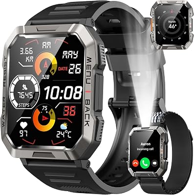 Relógio Inteligente Masculino com Lanterna e Bússola, Relógio Militar de 2,01" Chamadas/Notificações Bluetooth para Homens, IP68, Monitor de Sono, Monitor de Frequência Cardíaca, SpO2, Pedómetro, 100+Modos Desportivos para Android iOS
