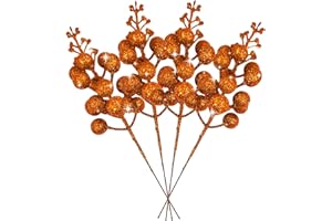ZEBMOON 36Pcs Orange Christmas Glitter Berries Stems, 7.5 Inch Artificial Christmas Picks, Glitter Berry Branches, Xmas Berry Holly Picks Stems for Christmas Tree Ornaments, DIY Xmas Thanksgiving Wreath Decor