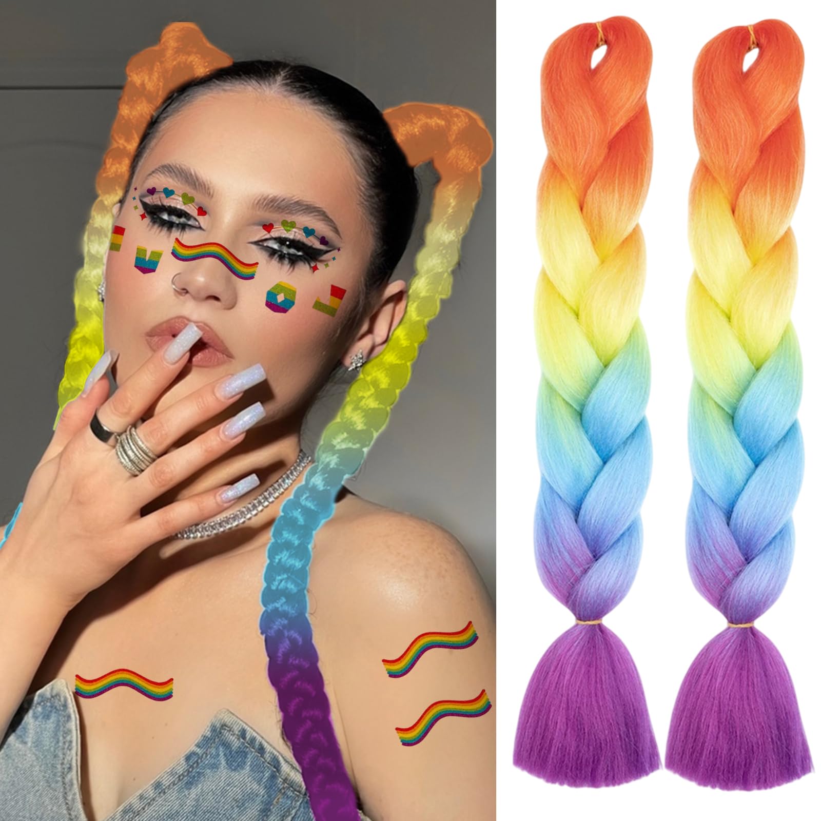 Photo 1 of 2 Pcs 24 Inch Colorful Braiding Hair Extensions for Women Synthetic 4 Tone Rainbow Braiding Hair Ombre Pre-stretched High Temperature Fiber Hair Twist Crochet Braids for Rainbow Pride Day LGBTQ Party