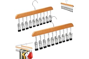 Wooden Clothes Hanger with 10 Clips,Multifunctional Hat Hanger,Ball Cap Rack,Pants Hangers with Clips,Wooden Pant Hangers,Clo