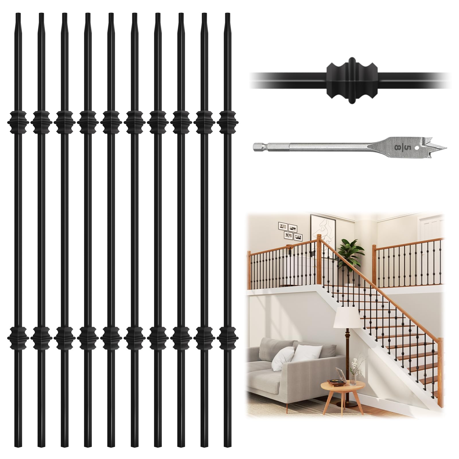 Photo 1 of 10 Pack 36" x 1/2" Wrought Iron Balusters for Staircase Interior, Hollow Stair Baluster, Double Collar Stair Railing Indoor Spindles Banister with 1 Drill Bit