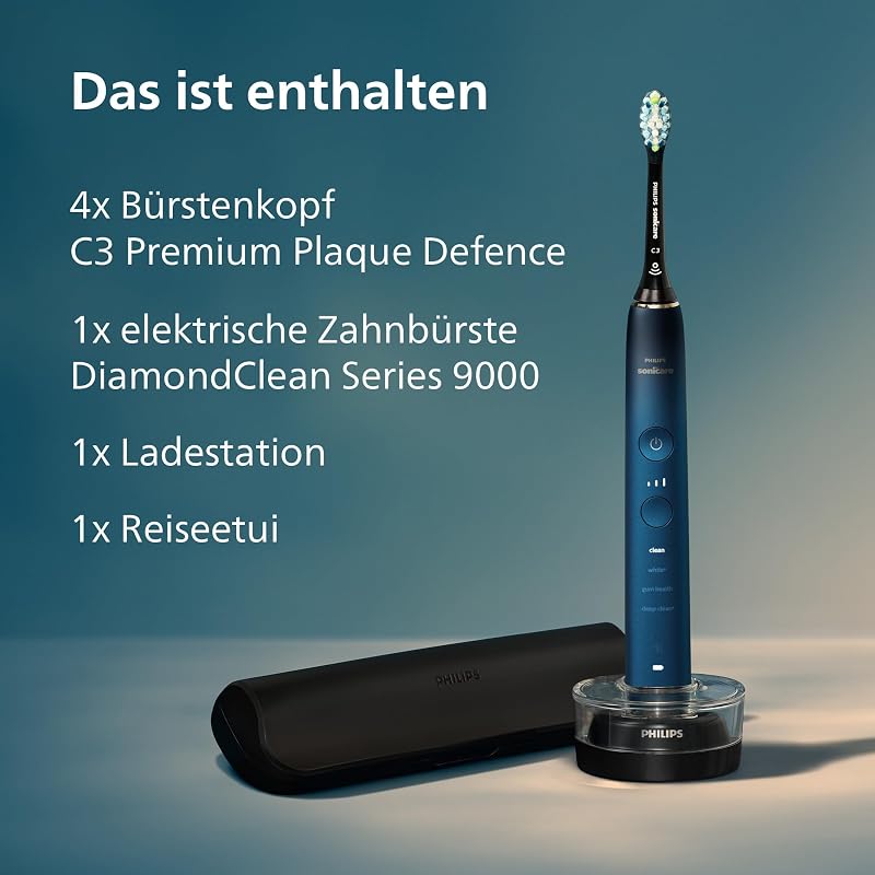 Sonicare DiamondClean elektrische Zahnbürste der 9000er Serie – Schallzahnbürste, sauberere Zähne und Mundpflege mit 4x C3 Premium Plaque Defense-Bürstenköpfen, Aquamarine (Modell HX9911/89)