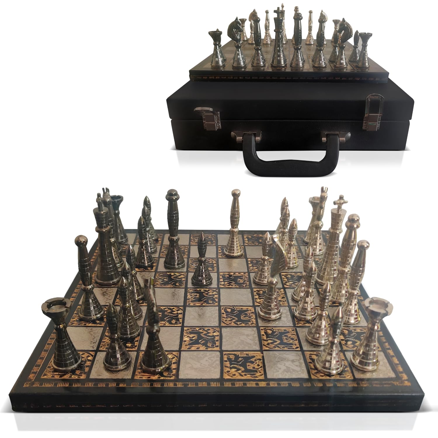 Guruji Divinity Collectible Tribal Warli Art Brass Chess Set in Leather Storage Box. (12 X 12 in)