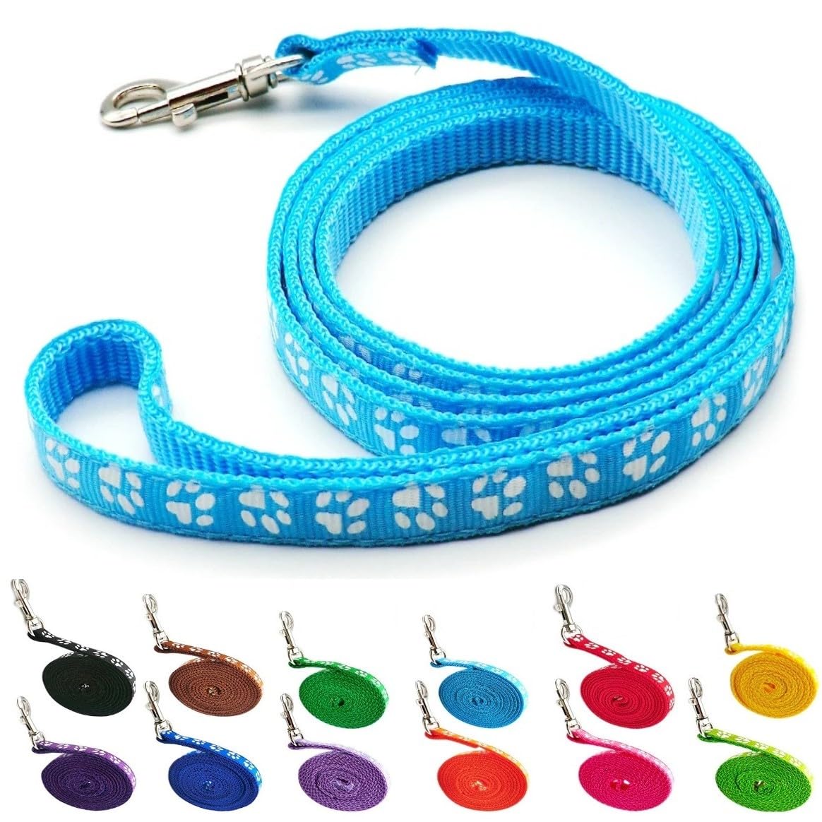 Small Dog Puppy Pet Cat Kitten Lead Pawprint Design Lightweight Nylon Metal Clip 120cm Leash Light Blue