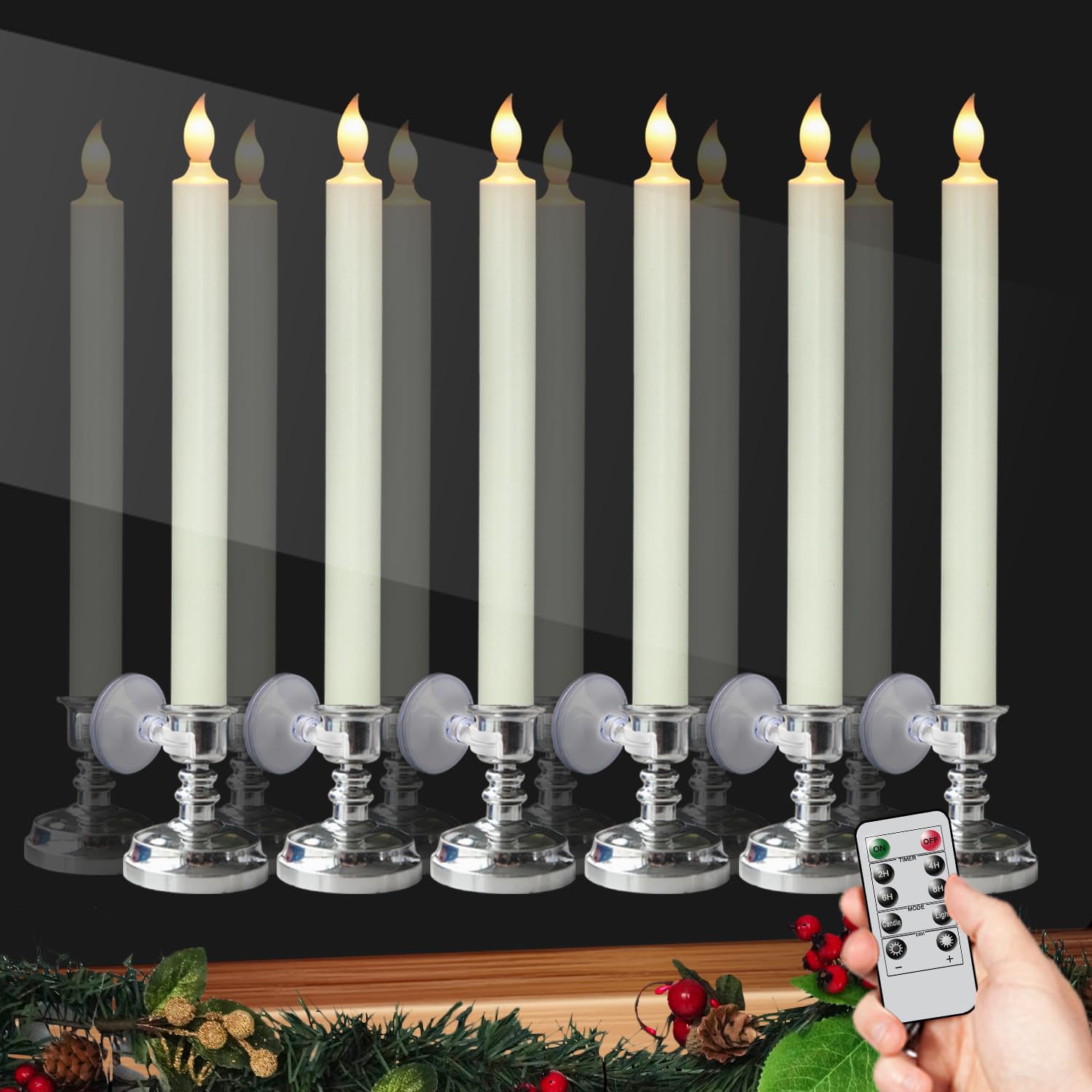 Photo 1 of ***MISSING REMOTE*** Flameless Window Candles with Remote and Timer, Battery Operated LED Taper Candles with Suction Cups Set of 6 Christmas Window Candle Holiday Decor(Silver Holders)