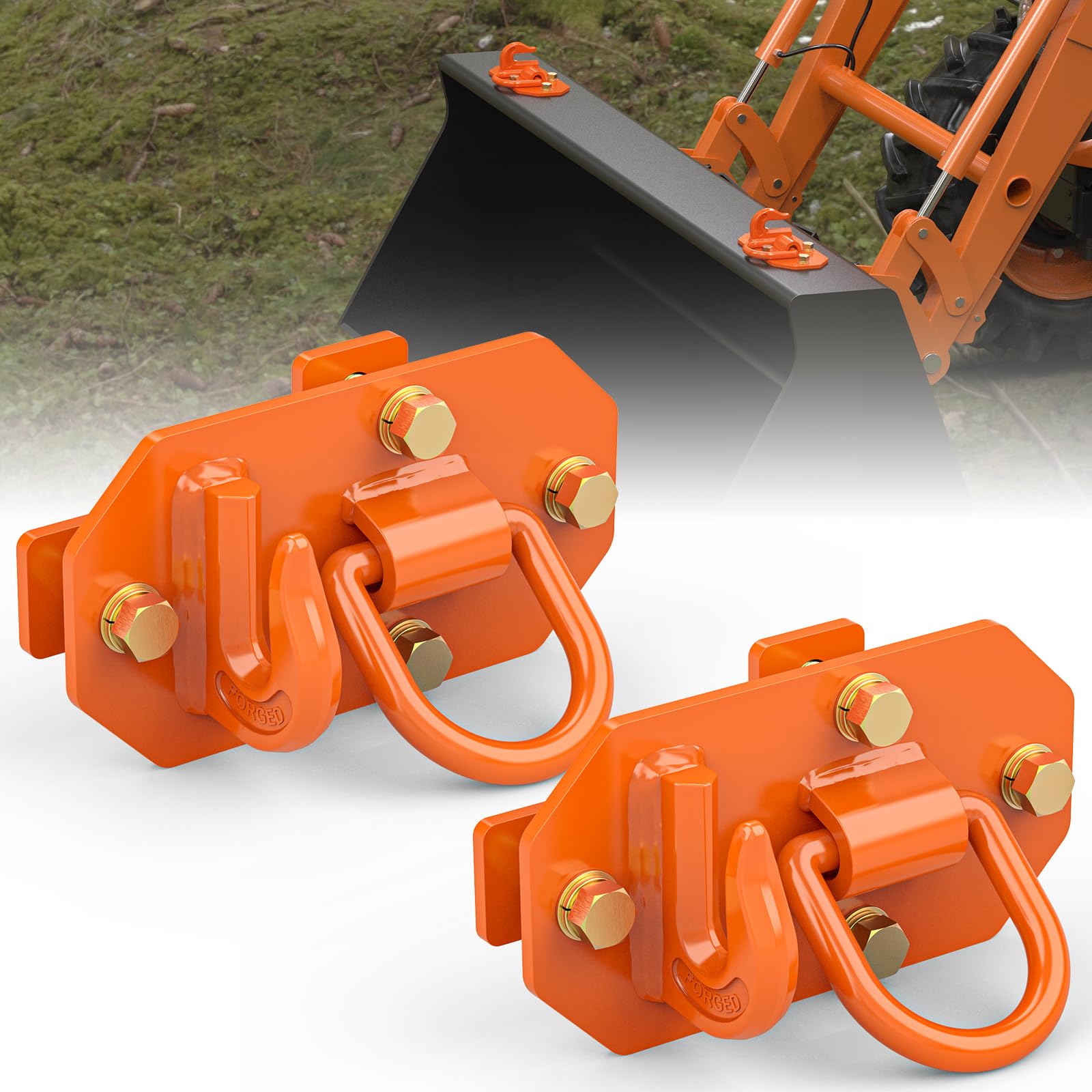 Photo 1 of 3/8" Tractor Bucket Hooks with 1/2“ Tie Down D Rings(Orange), Grade 70 Forged Steel Bolt on Grab Hook 2 PCS Tow Hooks Mount with Back Plate, Compatible for Tractor Bucket RV UTV Truck, Max 15,000 lbs
