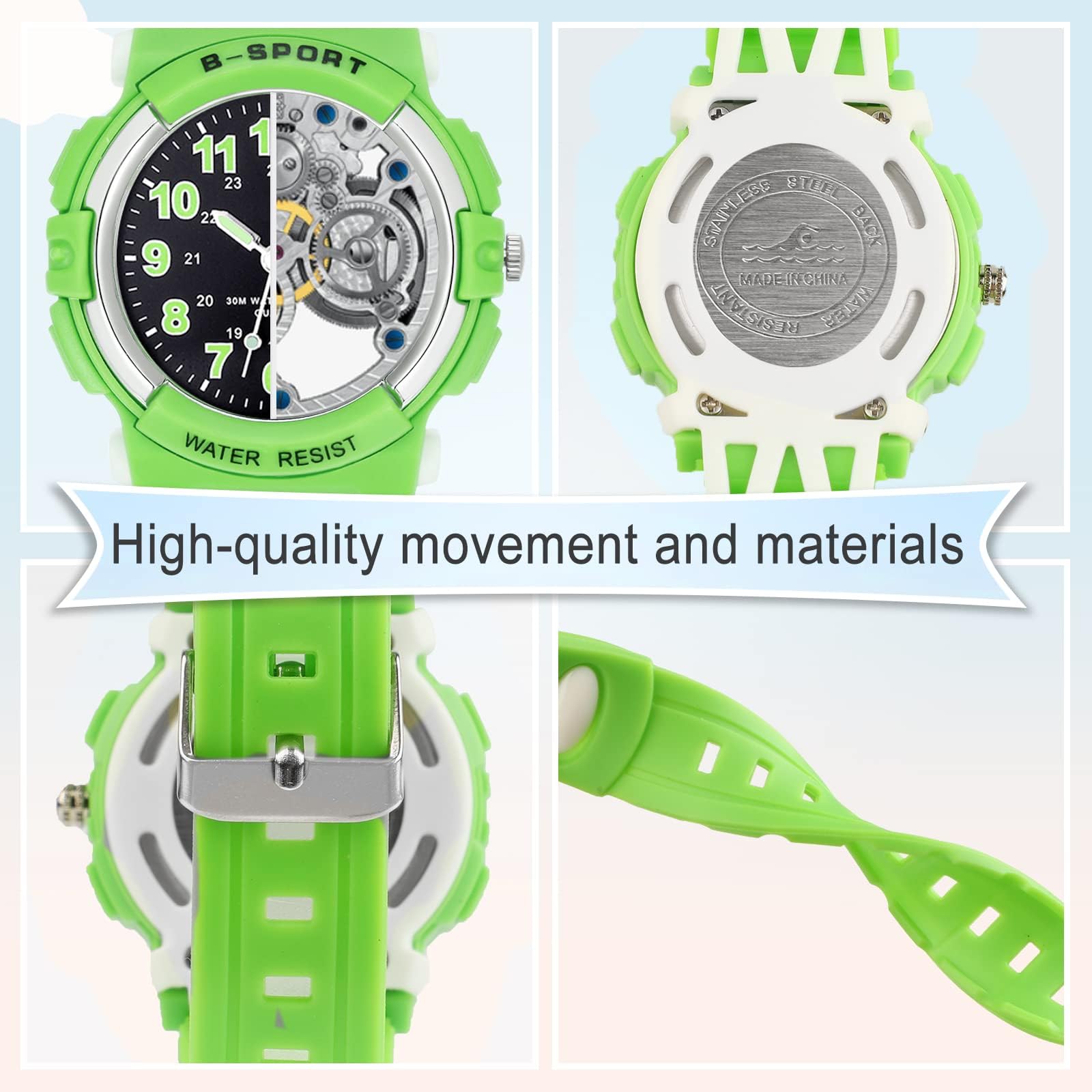 DTKID 7 Colorful Lights Children's Watch Boys Girls, Kids 30 M Waterproof Analog Watches Soft Rubber Band, Easy to Read Dial Time Lessons Wristwatch Children 5-18 Years Old