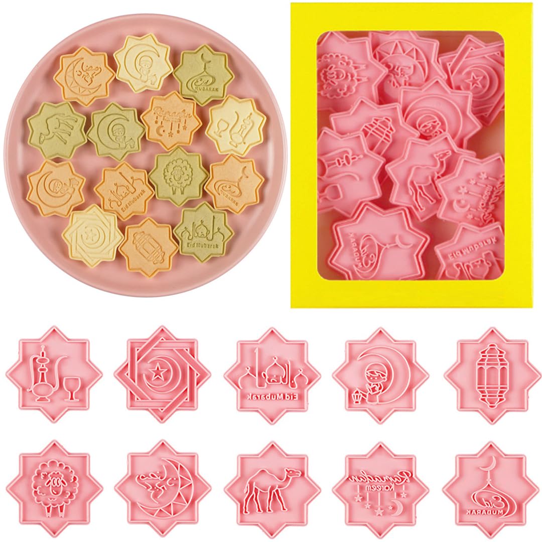 Photo 1 of 10 Pcs Eid Mubarak Cookie Cutters Set Baking Molds 3D Christmas Press type Cookie Cutter for Baking, Fondant, Cheese, and Pastries