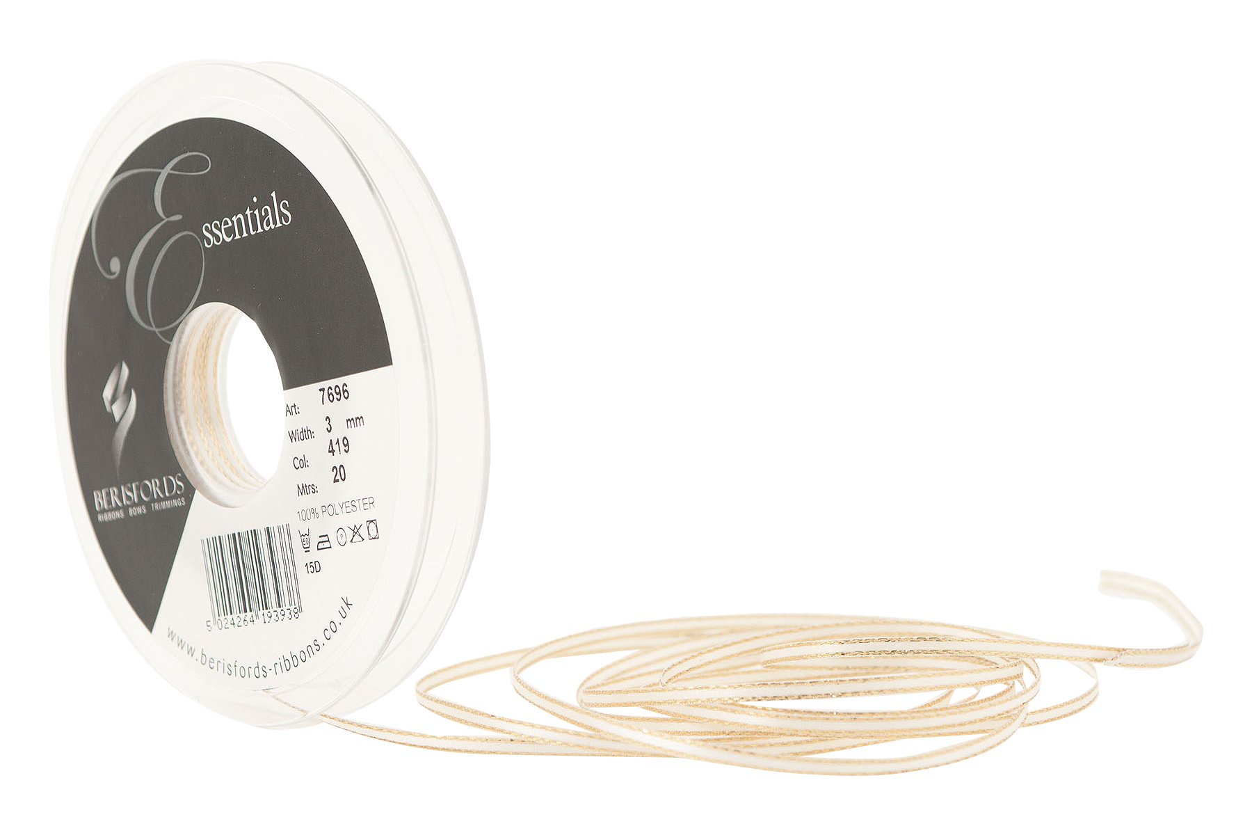 Berisfords 3 mm Polyester Yarn Gold Edge Satin Ribbon, Bridal White