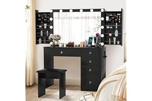 SMOOL Makeup Vanity Desk with Lighted Mirror & Power Outlet 5 Drawers, Table 3 Lighting Modes Brightness Adjustable, Sliding Storage, Black Set for Bedroom 39.4'' (SMOOL-197)