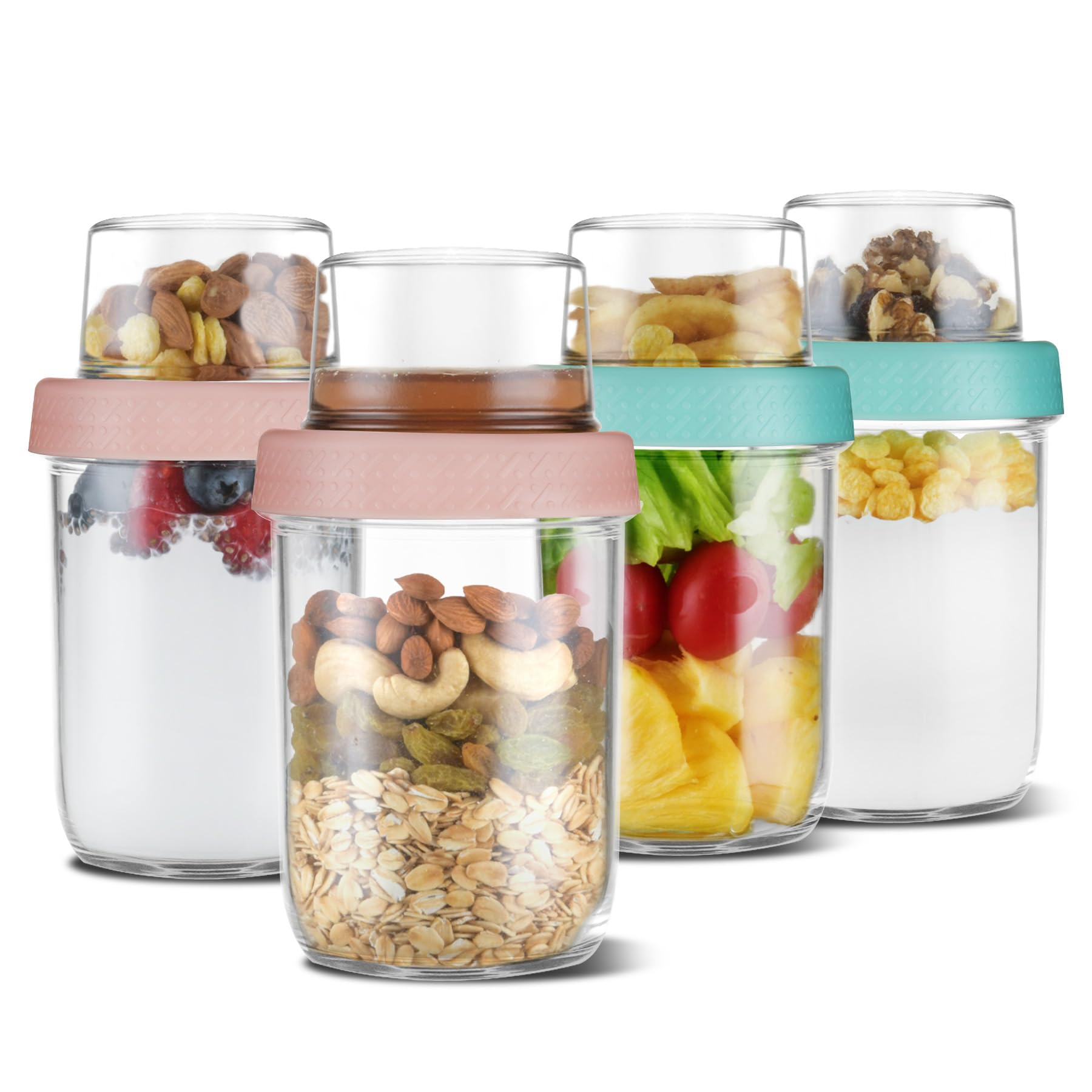 Photo 1 of 4oz 16 oz Glass Overnight Oats Containers with Lids 4Pack, Yogurt Parfait Cups with Dry and Wet Separation, Breakfast Prep Bowl for Cereal Nut Fruit Meal, To Take Along Oatmeal Salad Smoothie Snack