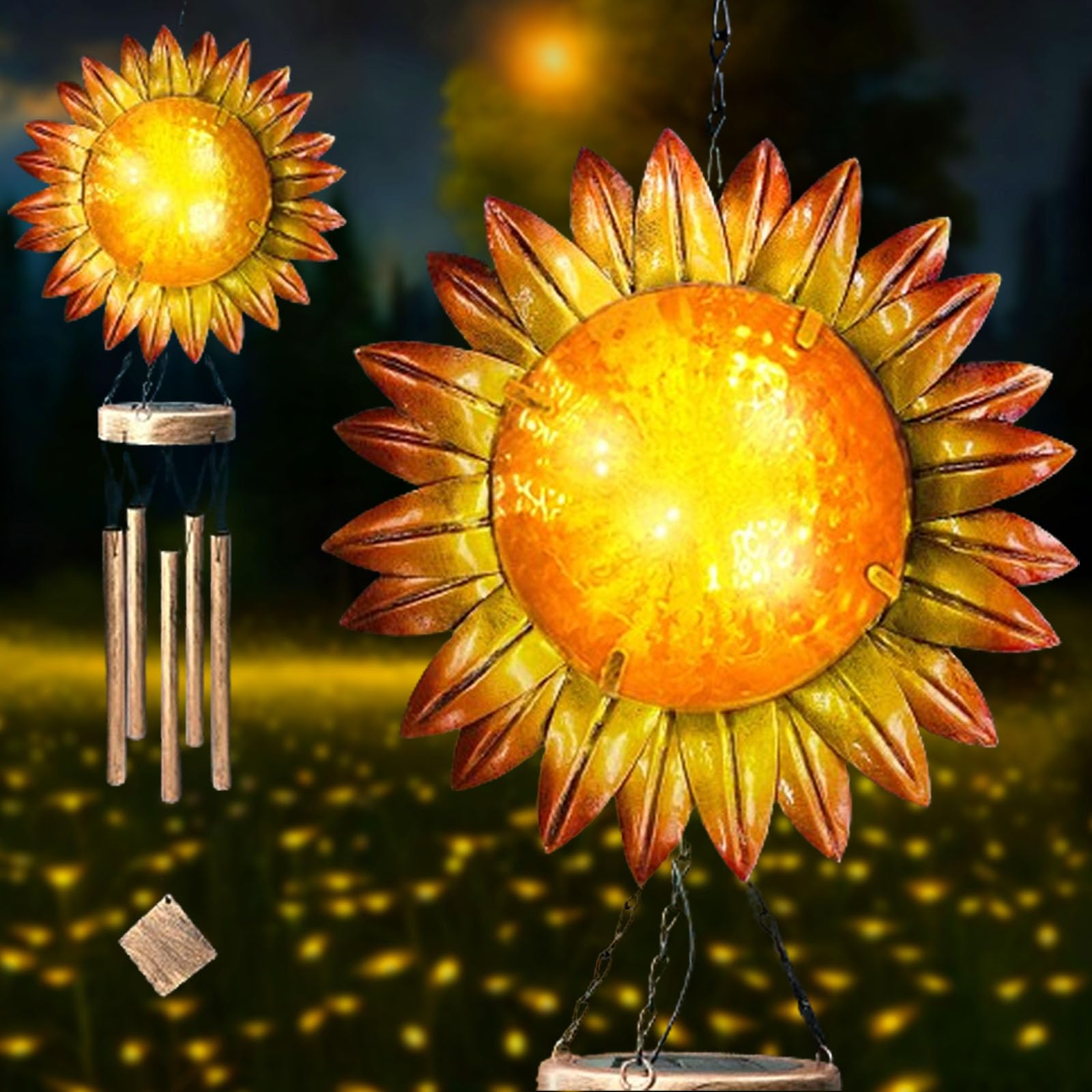 AVEKI Solar Wind Chimes - Sunflower Lights Outdoor Garden Decorative, Waterproof Hanging Decor for Outside Garden, Memorial Decoration