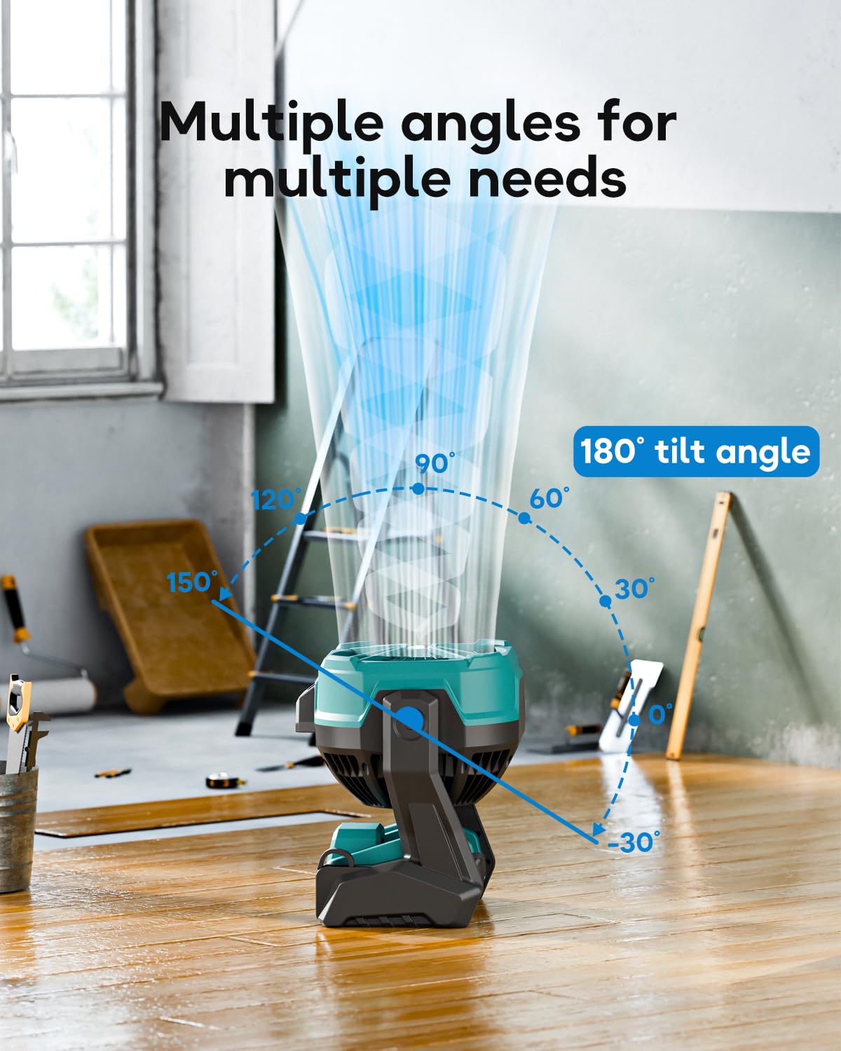 DeForce Battery Operated Fan, for Makita 18V Battery, Camping Fan Cordless, Option for Corded, with LED Lights, Variable Speed, Hook for Hanging, for Jobsite, Blue(Bare Tool Only)